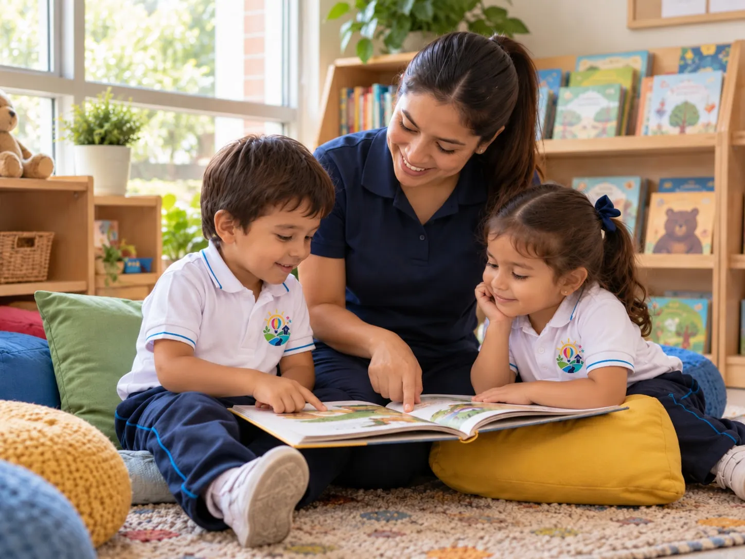 Docente leyendo un cuento con dos niños en la biblioteca