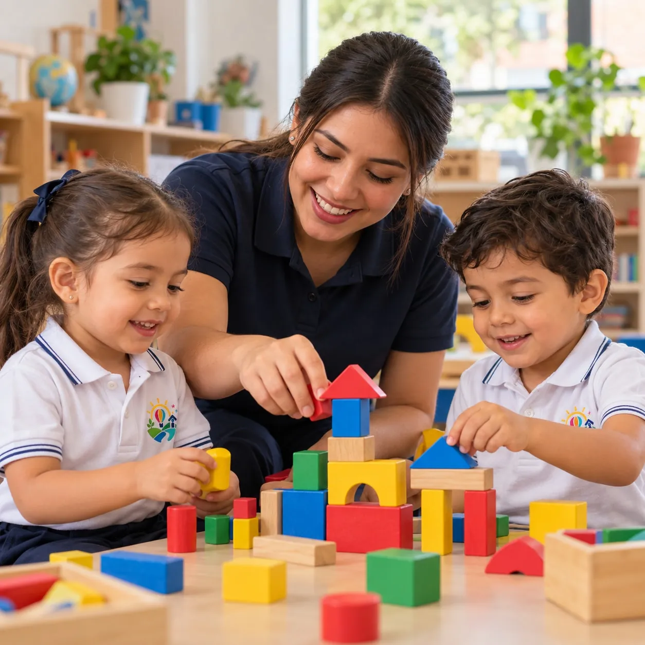 Docente construyendo una torre de bloques de colores con dos niños