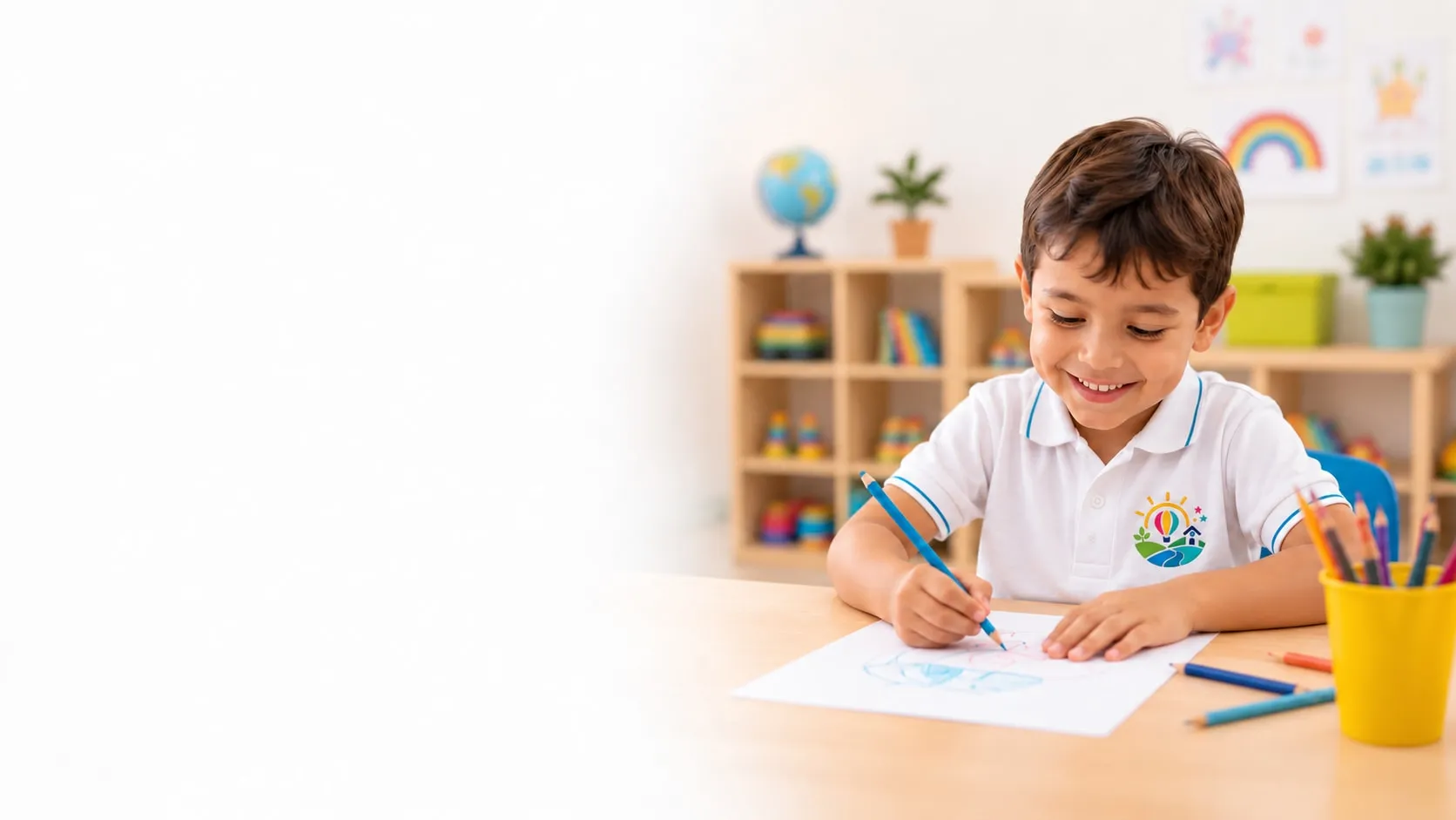 Niño sonriente dibujando en un aula de preescolar