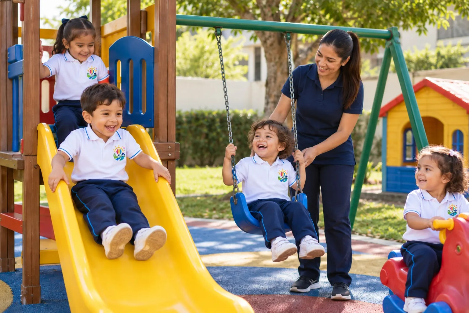 Niños jugando en el parque infantil con su docente