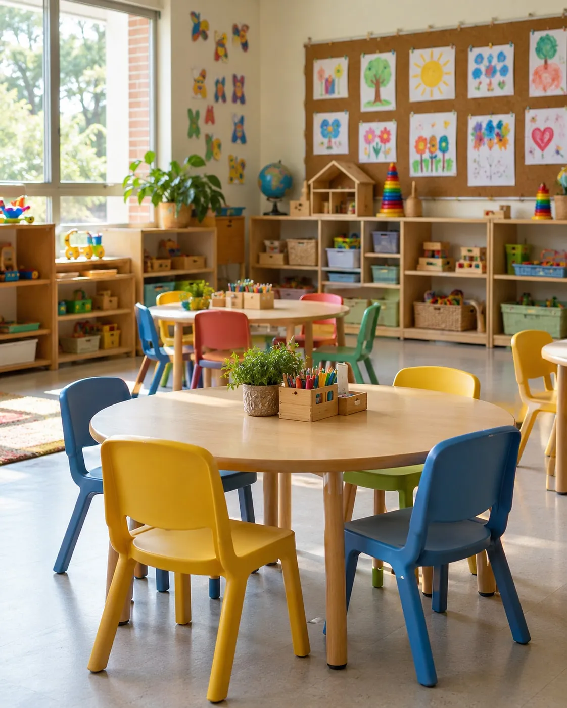 Salón de clase con mesas y sillas de colores